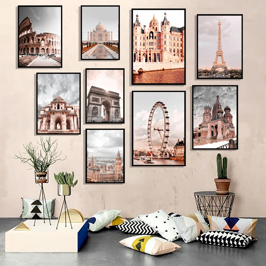 Парижская башня, Лондонское око, Колизей, Красная площадь, холст настенной живописи, постеры и печатные изображения в стиле Нордик для декора гостиной.