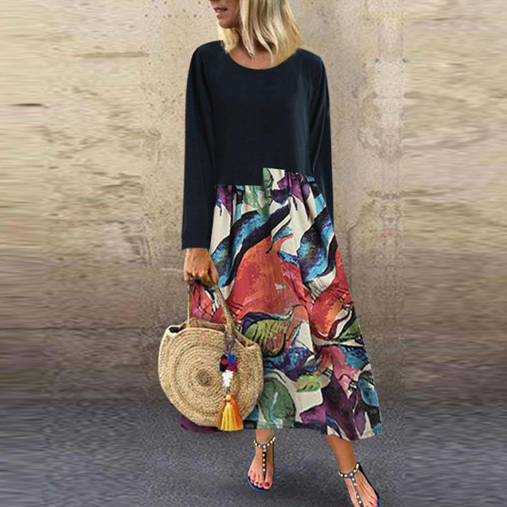 Women Dress Round Collar Cotton Color Collision Print Long Sleeve Female Autumn Winter Casual Plus Size M840# | Женская одежда