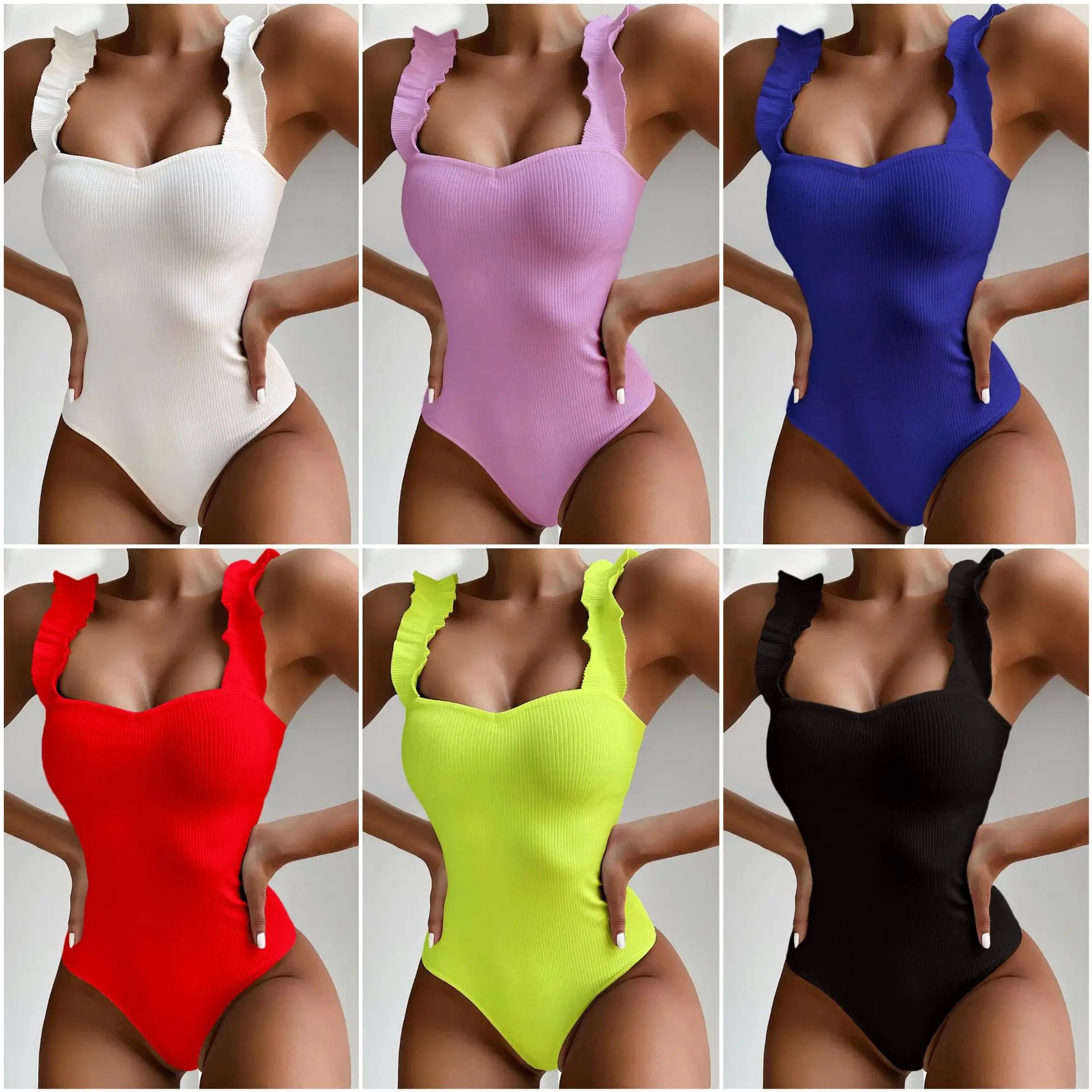2021 Hot Sale Plus Color One-piece Women Bikini Solid Color Wood-ear Straps Sexy One-piece Swimsuit Swimming Beach Wear