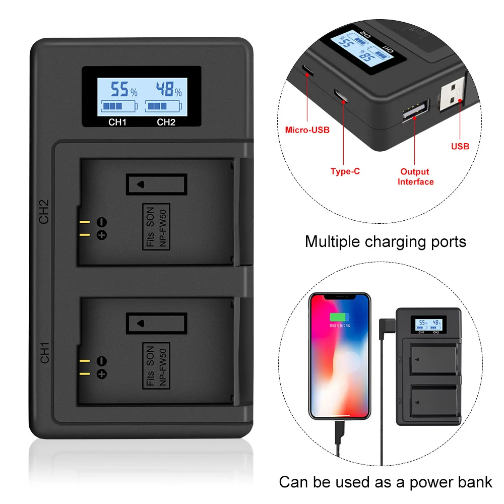 

PALO NP-FW50 camera battery charger npfw50 fw50 LCD USB Dual Charger for Sony A6000 5100 a3000 a35 A55 a7s II alpha 55 alpha 7 A