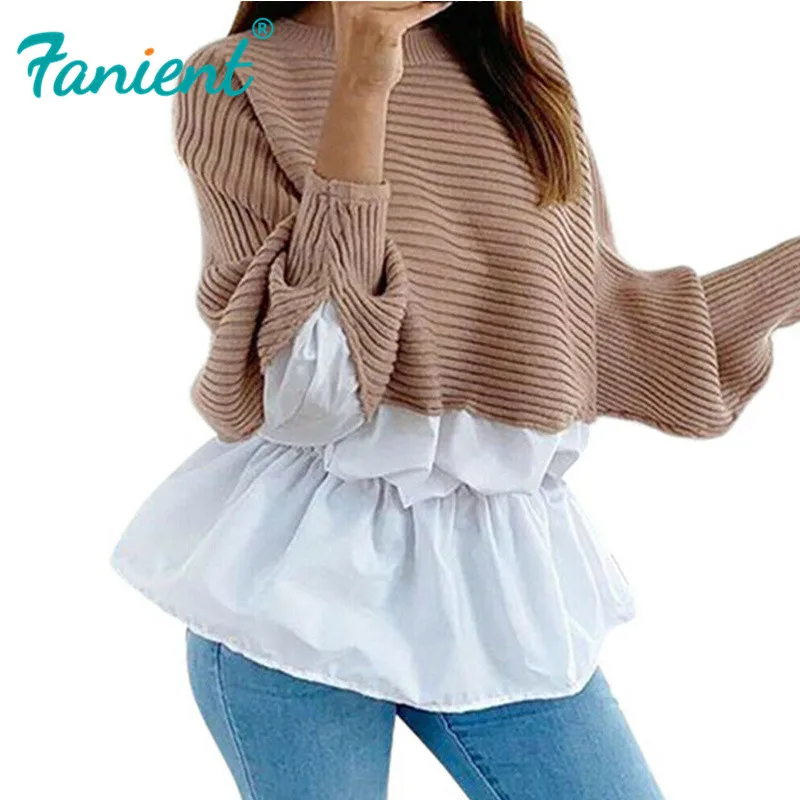 Winter Fashion Ruffled knitted Jumper Sweater Patchwork Loose Shirt Casual Streetwear Female Womens Long Sleeve Blusas Pullover | Женская