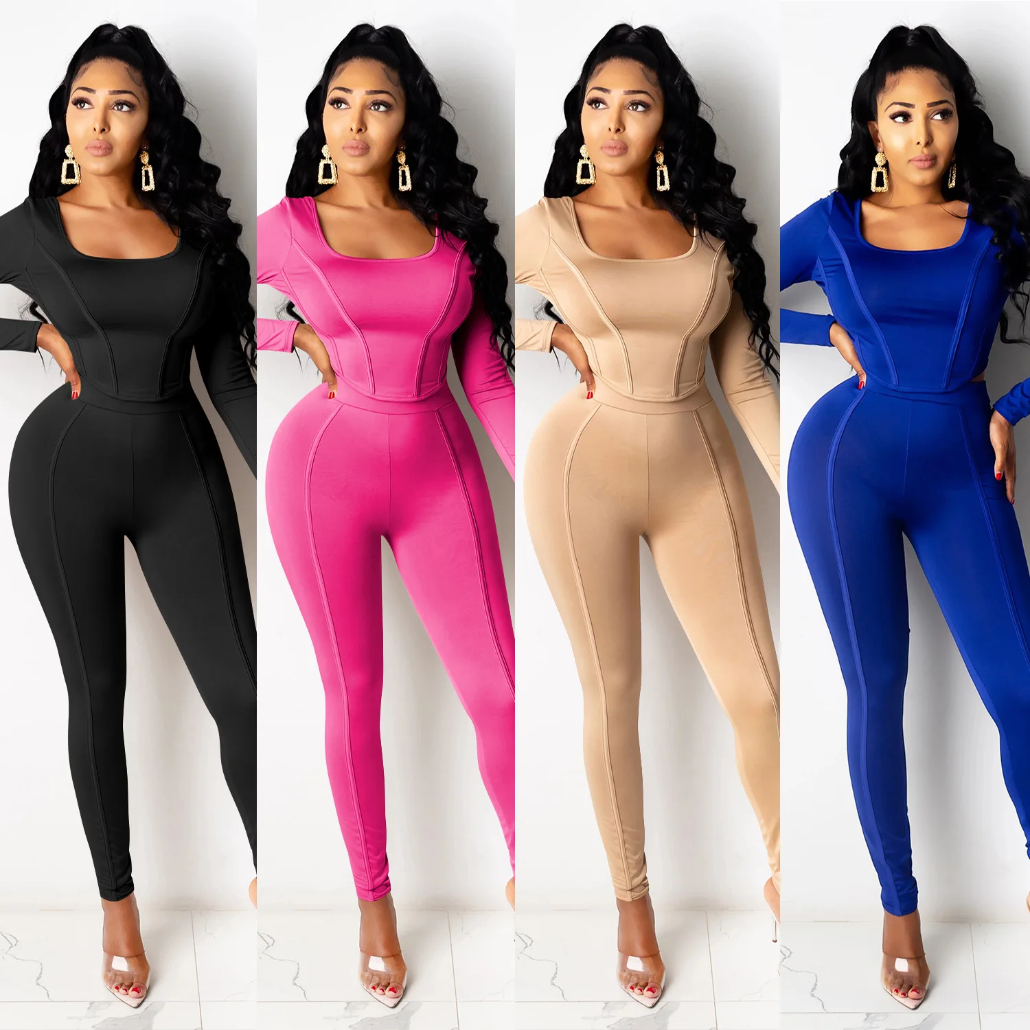 

Lounge wear Solid Tracksuit Long Sleeve Square Collar Slim Crop Top Leggings Two Piece Set Sweatsuits Two Piece Set S-XXL