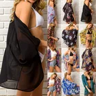 Женское шифоновое кимоно, пляжный кардиган с цветочным принтом, прозрачная накидка для купальника, Длинная блузка, Рубашки, Топы для женщин, лето 2020