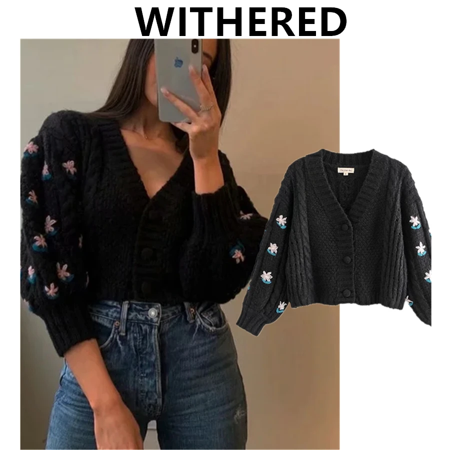 

Elmsk зимние свитера, Женские Модные Винтажные короткие кардиганы с цветочной вышивкой и рукавами-фонариками