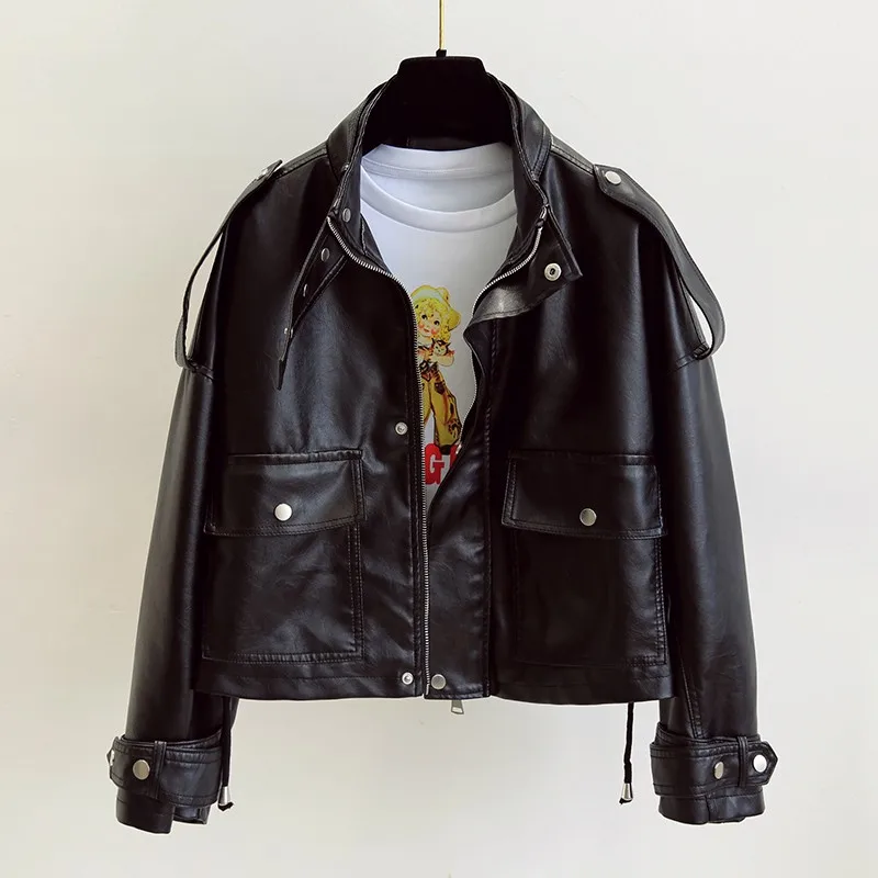 NEW2021 ERQIBA 2021 New Autumn Women Streetwear Pink Pu Faux Soft Leather Jacket Casual Female Motorcycle Biker Zipper Big