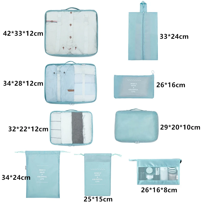 New 9-Piece Set Clothes Underwear Cosmetic Storage Bag Luggage Travel Bag Packing Cube Suit Shoes Organizer Wash Bags Makeup Bag
