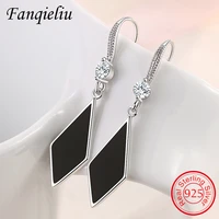 fanqieliu black rhombus dangler trendy jewelry real 925 sterling silver drop earrings women gift for girl fql21304