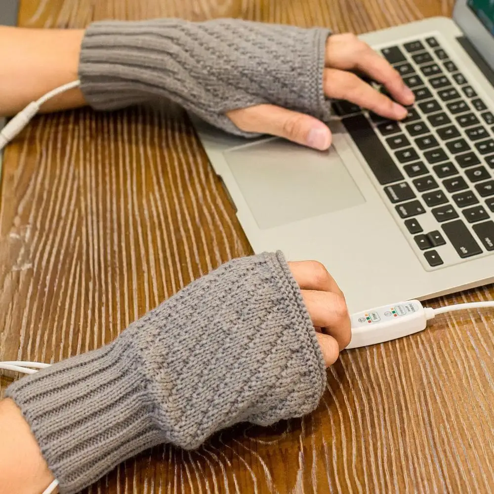 

Solid Color Unisex USB Heated Half Finger Mittens Winter Warm Knitted Gloves
