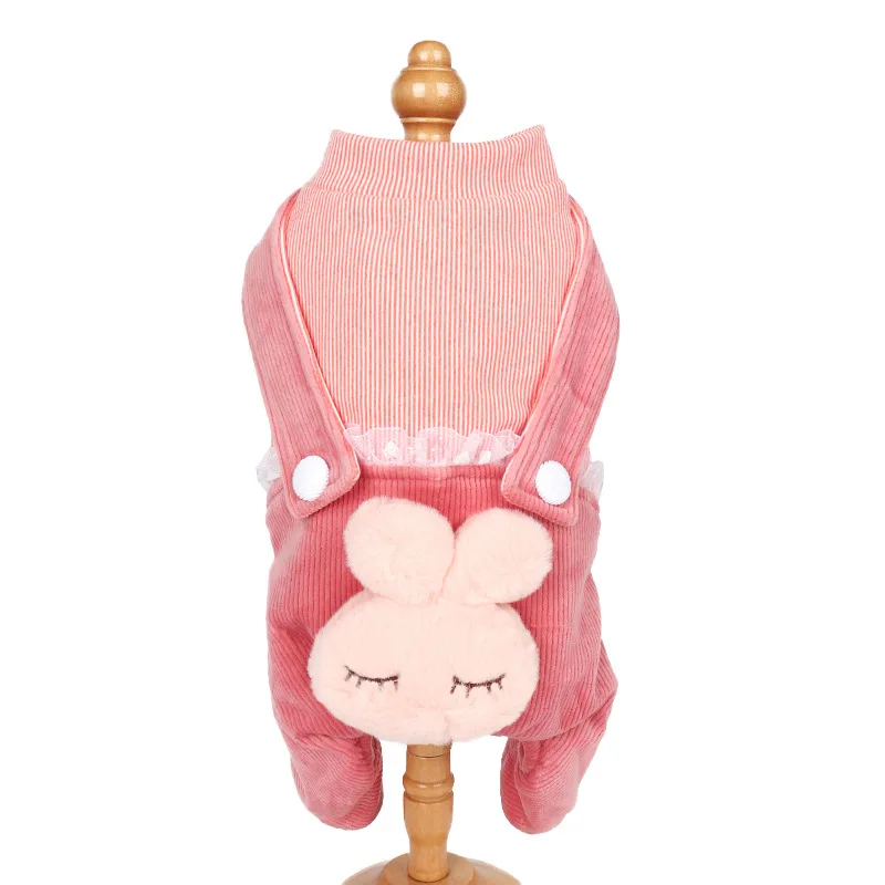 

2021 Newest Pet Clothes Dog Cartoon Rabbit Strap Four-Legged Warm Pet Clothing for Autumn and Winter Fleece Lined Dog Overalls