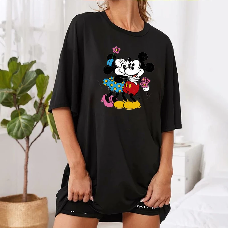 

Tshirt Dresses Casual Lady Mickey Minnie Cartoon Mini Dress Short Sleeve Black Loose Harajuku Robes Femme Vestidos Summer 2021