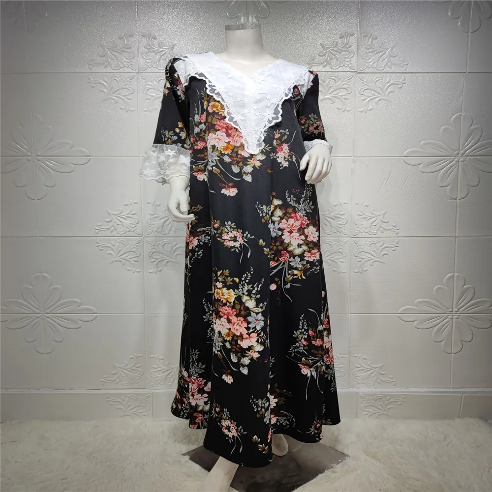 

Fashion Long Dresses for Muslim Womens Printing Lace V Neck Ankle Length Loose Casual Summer Clothing Wholesale Dropshipping