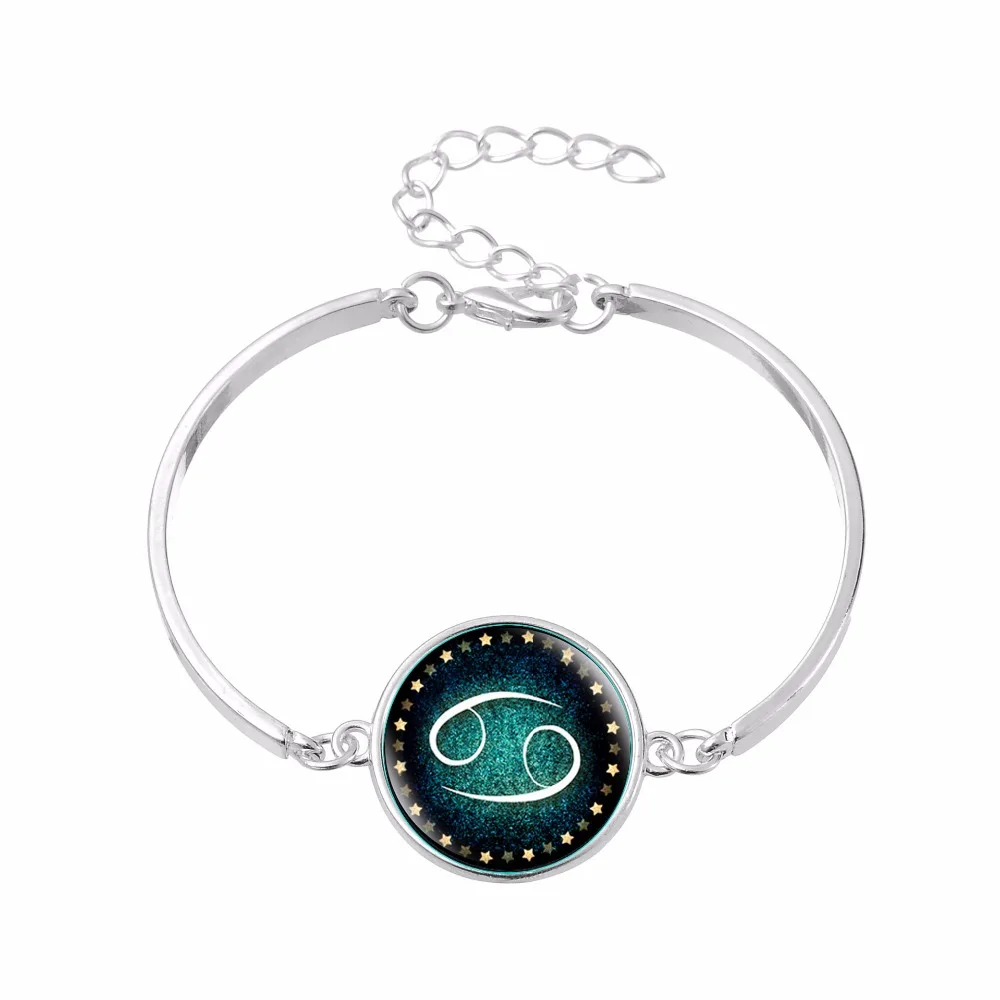 

Fashion 12 Constellation Sign Bracelet For Men Women Aries Bracelets Glass Cameo Cabochon Charms Wire Bangle Accessories