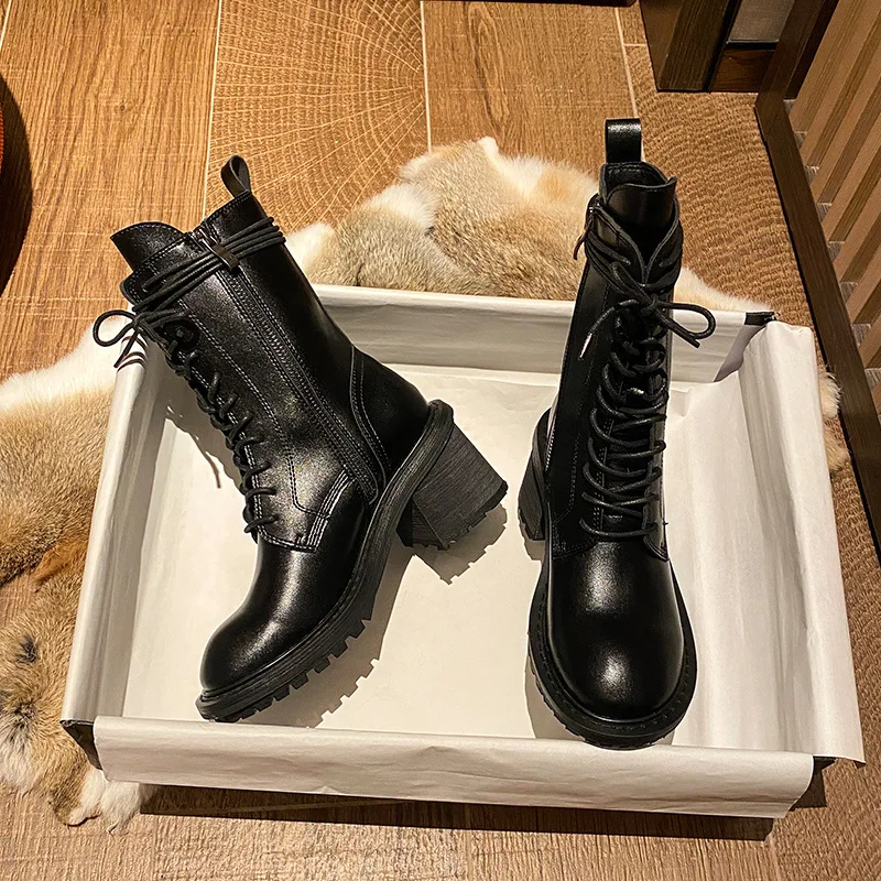 

Женские кожаные ботинки на молнии, ботильоны из искусственной кожи с круглым носком, на высоком каблуке, на резиновой подошве, однотонные, д...