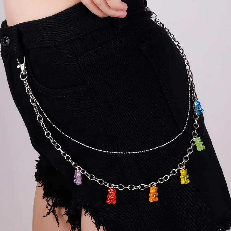

Cute Candy Color Resin Small Bear Pendant Pants Keychain Trendy Double Layer Chain Punk Jewelry For Women Hip hop Trousers Chain