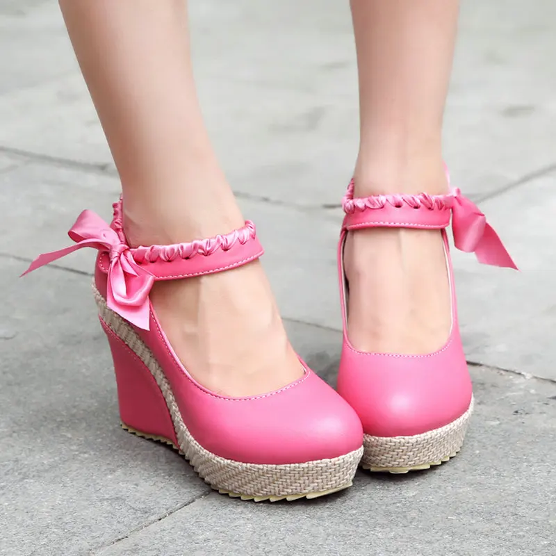 

AGODOR 2020 Hot Pink Women Pumps Wedges High Heel Platform All Match Mary Janes Shoes Casual Ladies Pumps Bow Tie Size 34-43