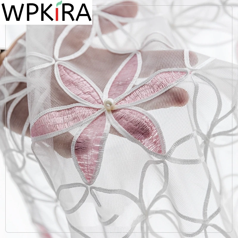 

French Luxury Geometric Pearl Embroidered Tulle Curtain for Living room Bedroom Pink Beige Jacquard Window Drapes Kitchen ZH322H