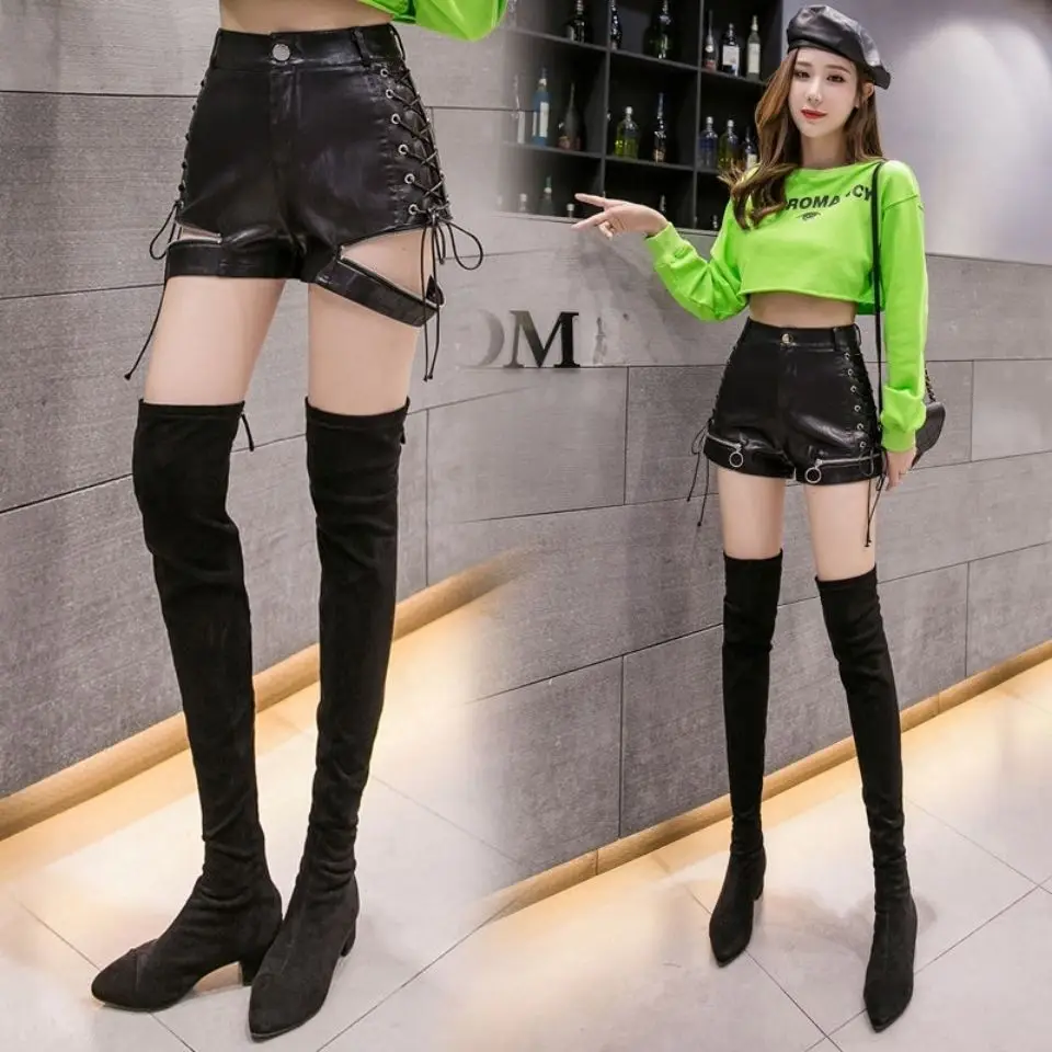 

Lady concise simple shorts PU leather for women spring 2021 fashion designer corss-tidess skirts woman shorts