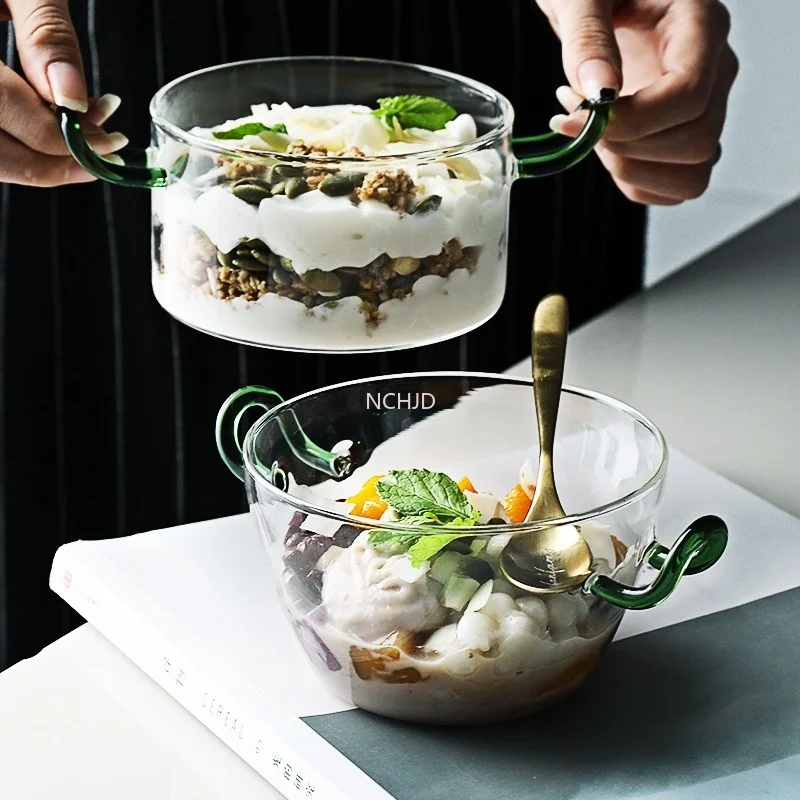 

Креативная стеклянная Салатница с двойными ушками, чаши для фруктов, салата, риса, супа, рамен, миска для лапши, столовая посуда, посуда