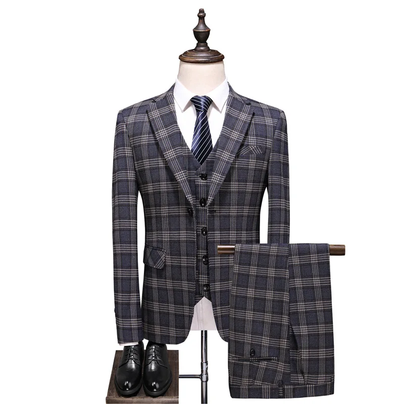 

3 Pieces Business Blazer +Vest +Pants Suit Sets Men Autumn Fashion Solid Slim Wedding Set lattice Blazers Male 2021 High-end