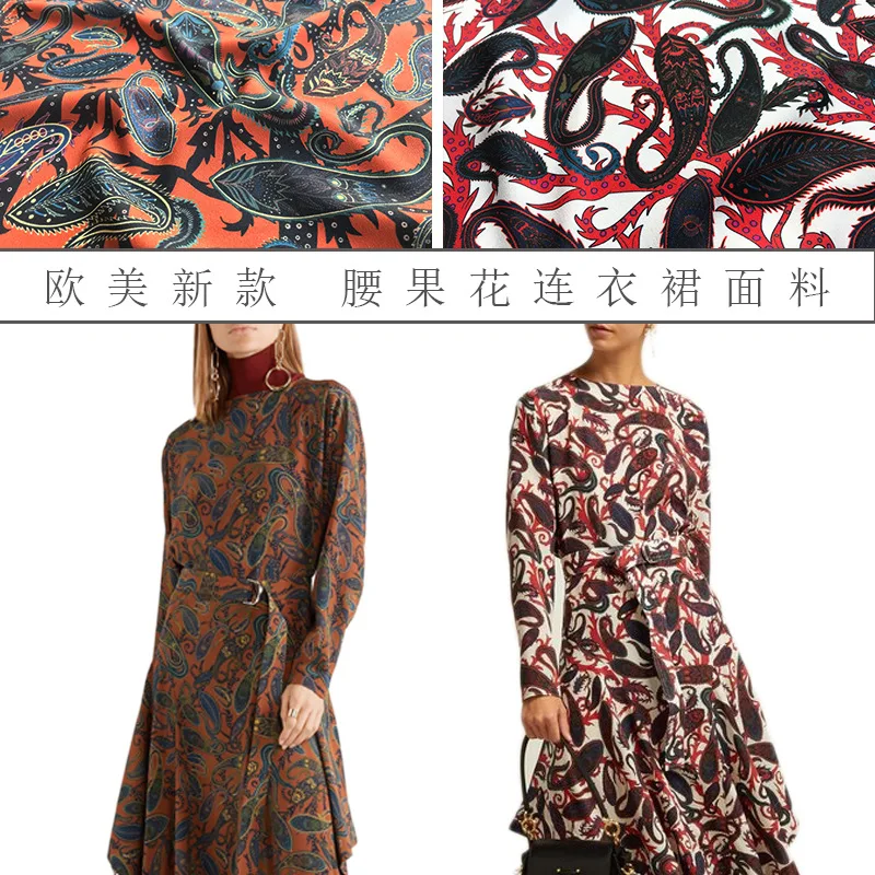 

new white orange cashew flower print dress shirt fabric spring and summer polyester printing fashion micro-transparent hot