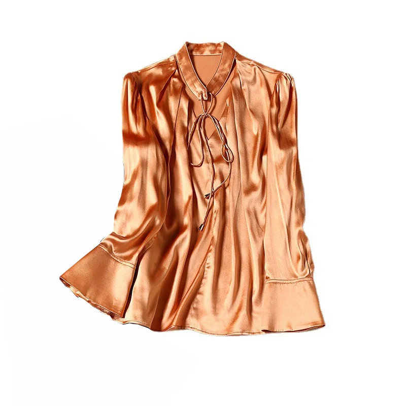 

2021 summer long-sleeved sleeve head solid color vertical collar temperament commuter single row buckle silk satin silk shirt