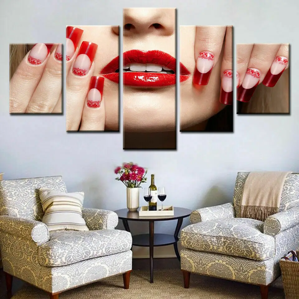 

Beautiful Red Nails Makeup Beauty Salon 5 Pcs Canvas Picture Print Wall Art Canvas Painting Wall Decor for Living Room No Framed