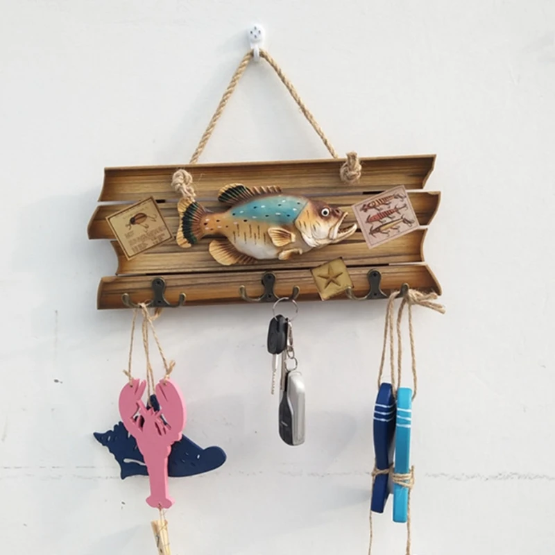 

Mediterranean Vintage Wooden Hanger Clothes Creative Fish Wall Hanging Door Hooks Coat Rack Home Decor Room Furniture