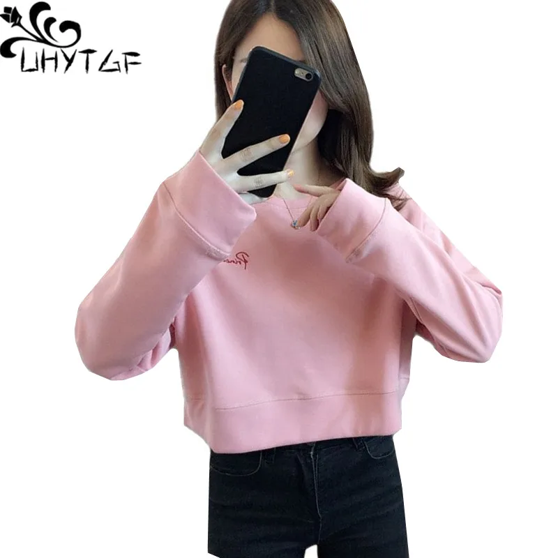 

Элегантные женские толстовки UHYTGF, короткая куртка, Модный свитшот с вышитыми буквами на весну и осень, милые тонкие топы для девушек, Moletom 1525