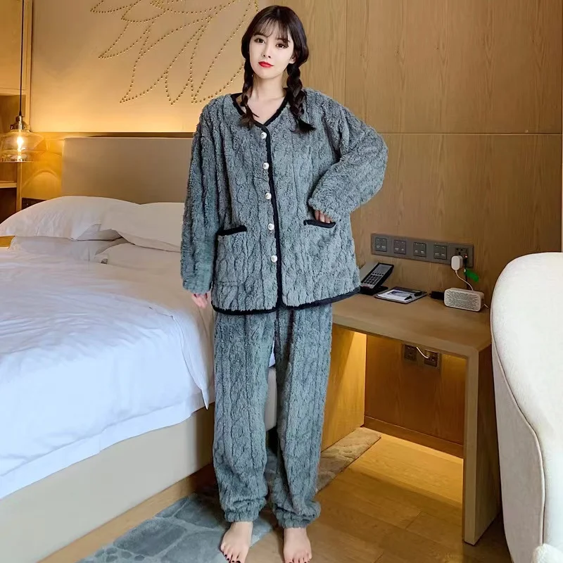 Pajamas Women's Autumn And Winter Solid Color V-Neck Cardigan Linen Pattern Plus Velvet Thickening Home Service Suit
