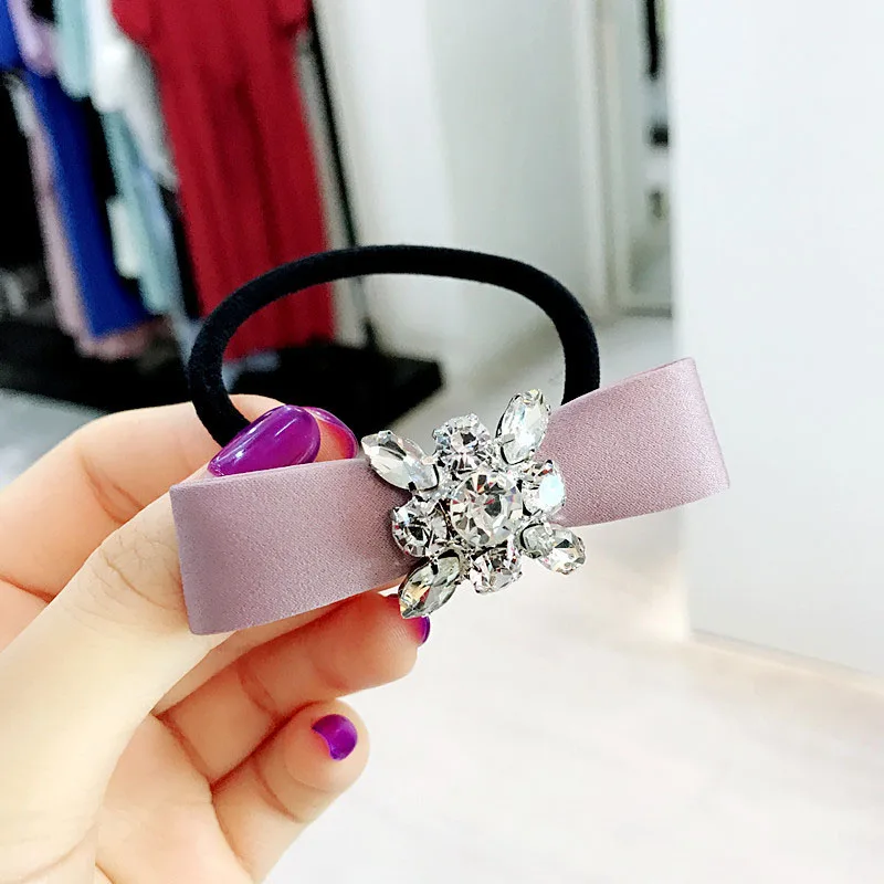 

New Temperament Elastic Hair Bands for Women Girls Double Bows Rhinestone Flower Hair Rope Hair Accessories Hair Ornaments