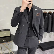 OIMG traje informal para hombre, traje de estilo británico de doble botonadura, traje de dos piezas, traje de novio, vestido Masculino (1)