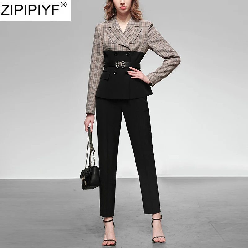 2020 Модные женские брючные костюмы офисный женский клетчатый лоскутный