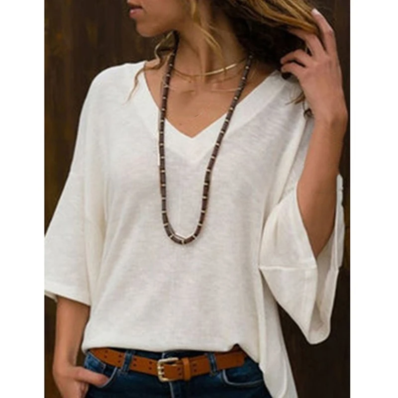 

Fashion Women Solid V-Neck Loose Knitted Warm Long Flare Sleeve Sweater Autumn Winter Female jumpers vetement femme