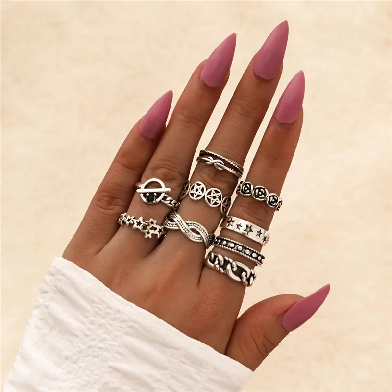 

HI MAN 9Pcs/Set Bohemian Creative Mixed Zircon Planet Flower Star Twist Open Ring Set Women Noble Luxury Wedding Jewelry