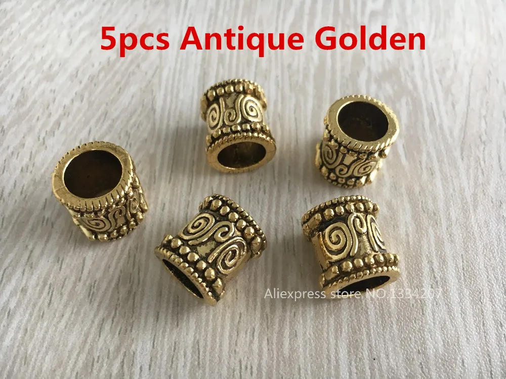 5pcs Antique Golden 5 шт-10 шт античные золотые/серебряные большие отверстия для волос дреды бусины трубчатые кольца для укладки волос аксессуары приблизительно 9,2 мм отверстие - Цвет: 5pcs Antique Golden