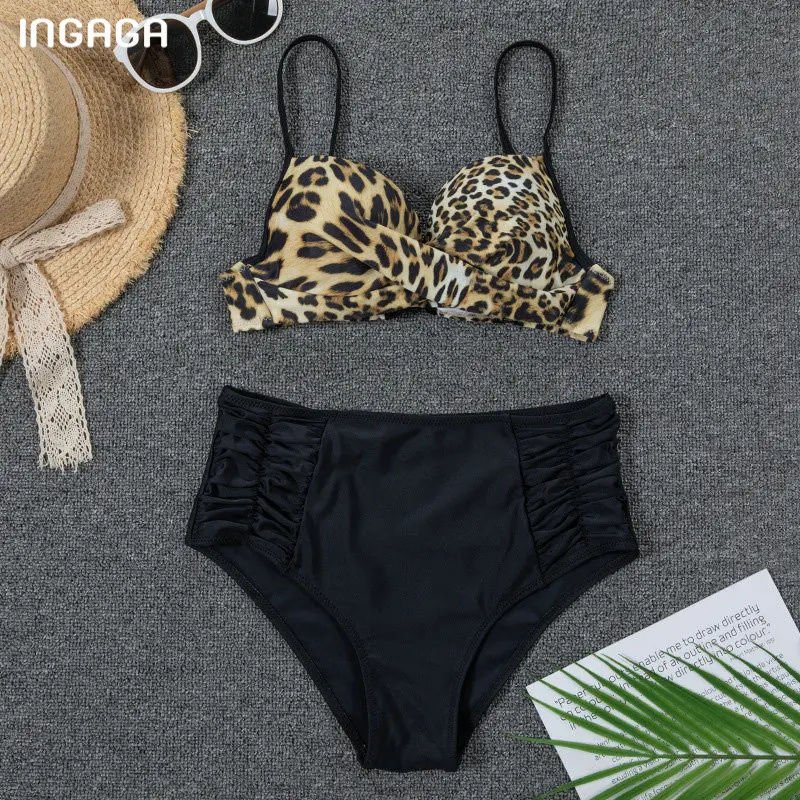 

INGAGA Sexy Bikinis High Waist Swimwear Women's Swimsuits Push Up Bikini Set Ruched Biquini Leopard Bathing Suits 2021 Summer