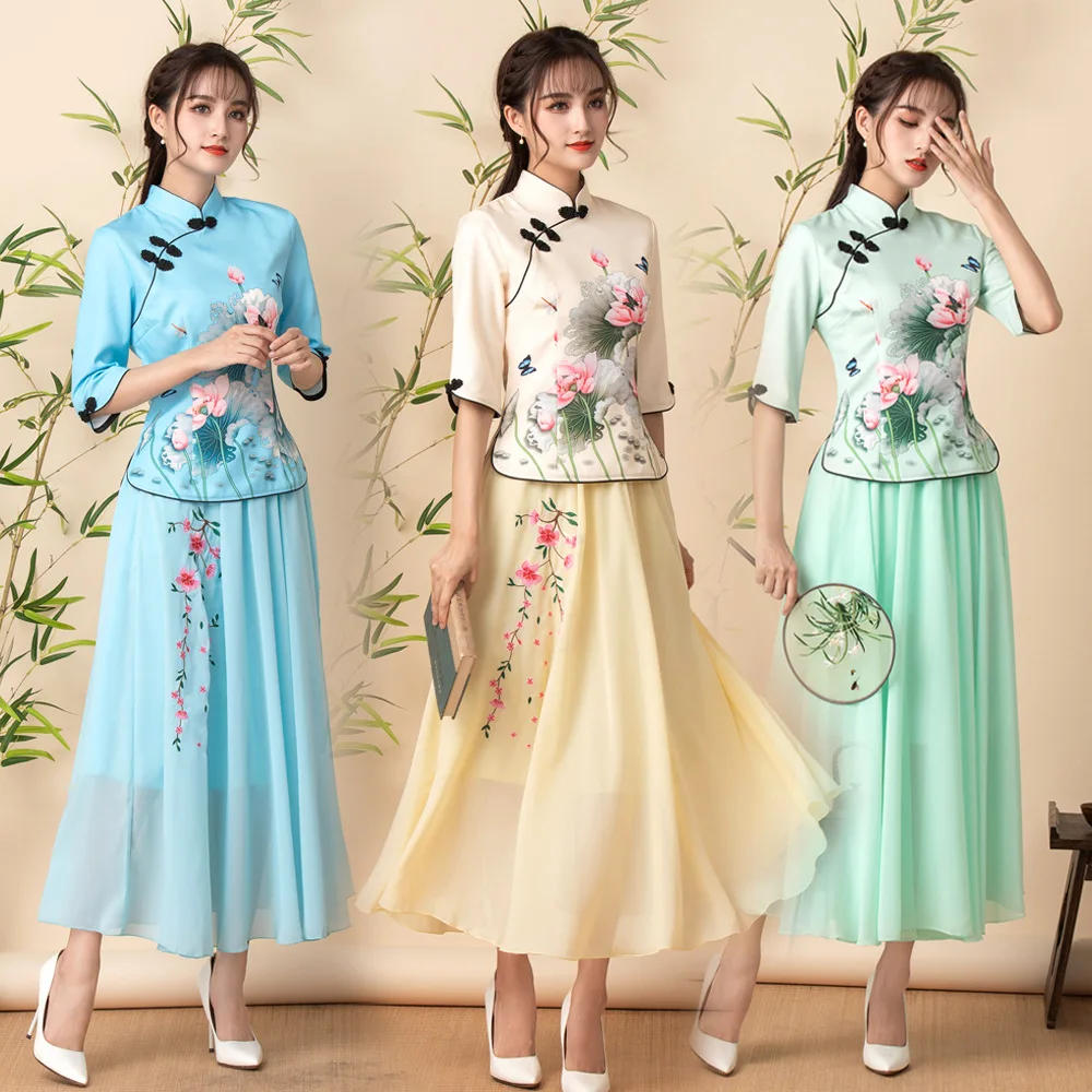 

2022 Two Piece Cheongsam Chinese Dress Elegant Vintage Floral Print Modern Cheongsam Women Daily Qipao Dress Traditional Clothes