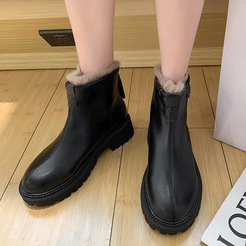 Boots 2020 Black 35 40 Size PU Leather Ankle Boots Plush Boots Female Women Shoes Women Fashion and Keep Warm Winter Boots Women