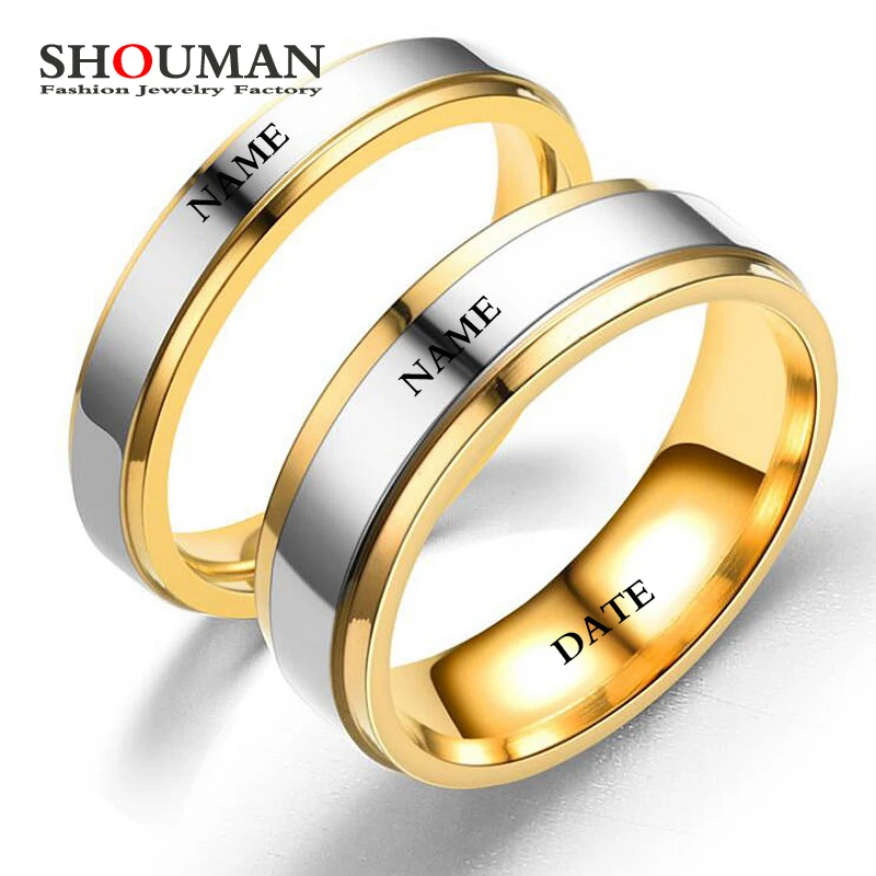 

SHOUMAN Couple Jewelry Stainless Steel Wedding Band Ring for Woman Man Can Custom Engrave Name Never Fade