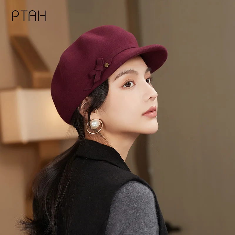 

[PTAH] Temperament Wool Fedoras Hat For Women Girls 100% Wool Classic British Fedora Hat Imitation Autumn Winter Hat Soild Color