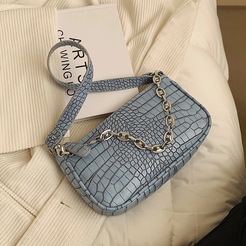 

Fashion Crocodile Pattern Baguette bags MINI PU Leather Shoulder Bags For Lady 2021 Chain Design Luxury Hand Bag Female Travel