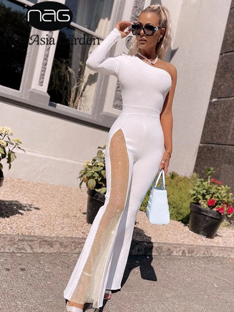 

NewAsia Single Shoulder Jumpsuit Women Cut out Patchwork Shiny Diamond Net Long Sleeve Flare Jumpsuit Sexy Spring Club Playsuit