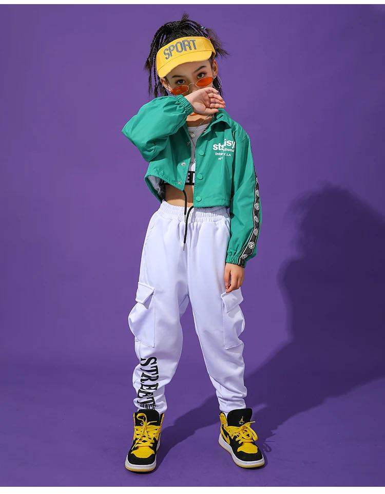 Костюм для танцев в стиле хип-хоп девочек зеленый костюм с длинным рукавом пальто