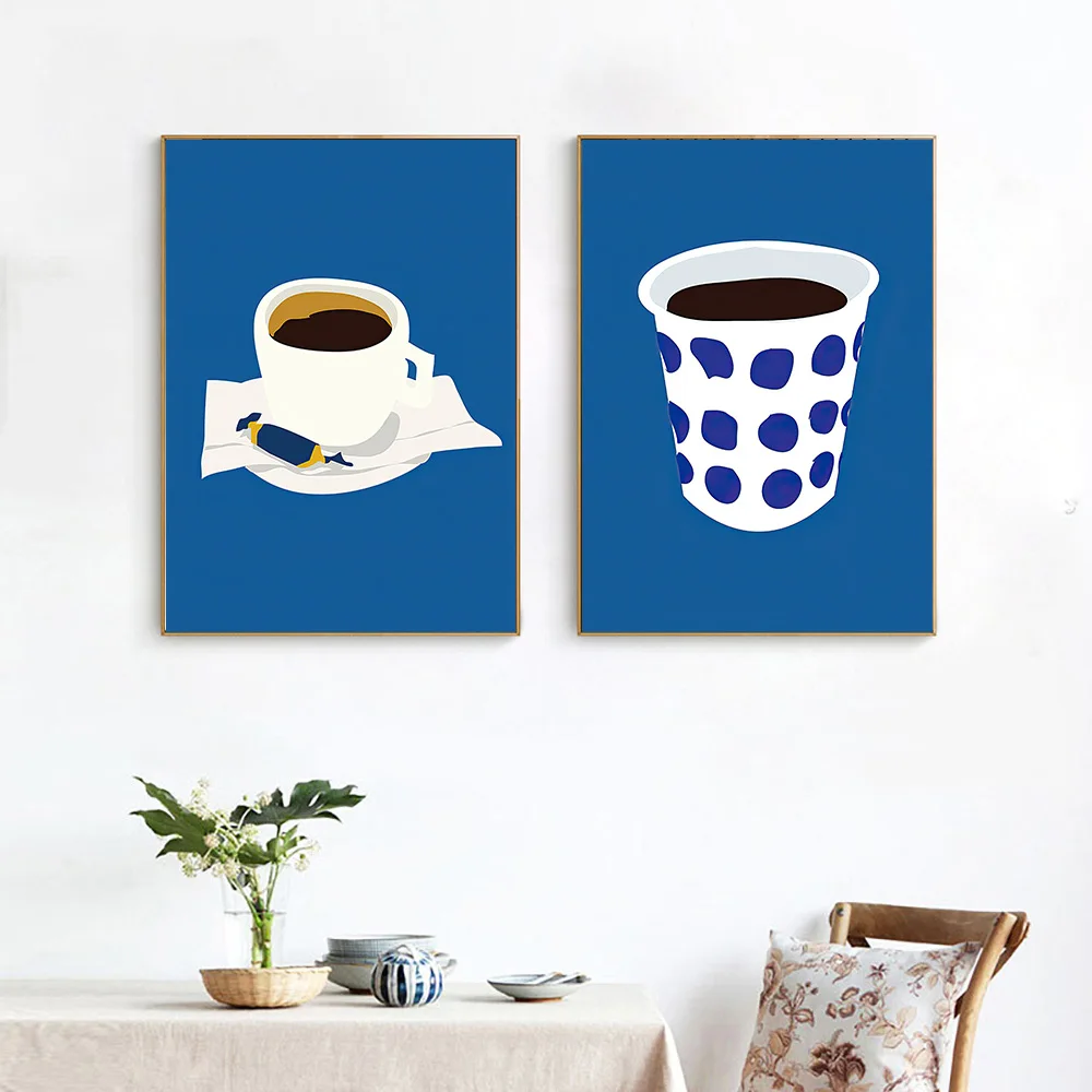

Nordic Coffee Cup Blue Dot Wall Pictures Art Print Candy Art Canvas Painting Cafe Shop Poster Dining Room Wall Art Decoration