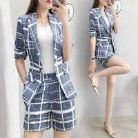 2022 new summer fashion women plaid blazer suits female short sleeve single breasted blazers shorts 2 piece sets outfits l01