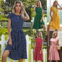 doujili fashion ladies dress white dots yellow pink green red blue color round neck short sleeve summer dress