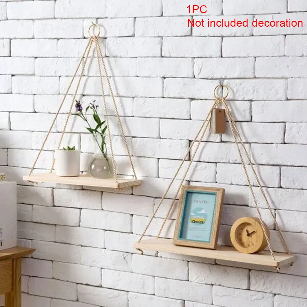 

Ornaments Wood Shelf Decoration Wall Hanging Storage Rack Rope Flower Pot Basket