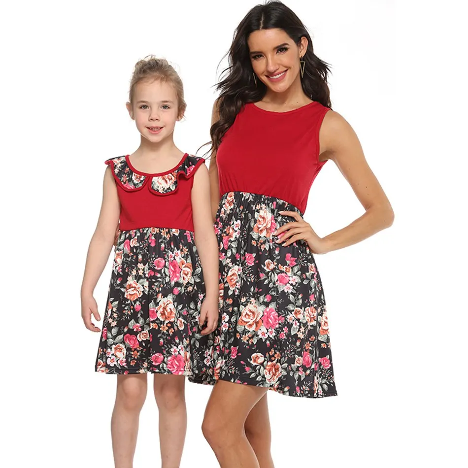 MUABABY/платья для мамы и дочки Летняя Повседневная футболка без рукавов с рюшами