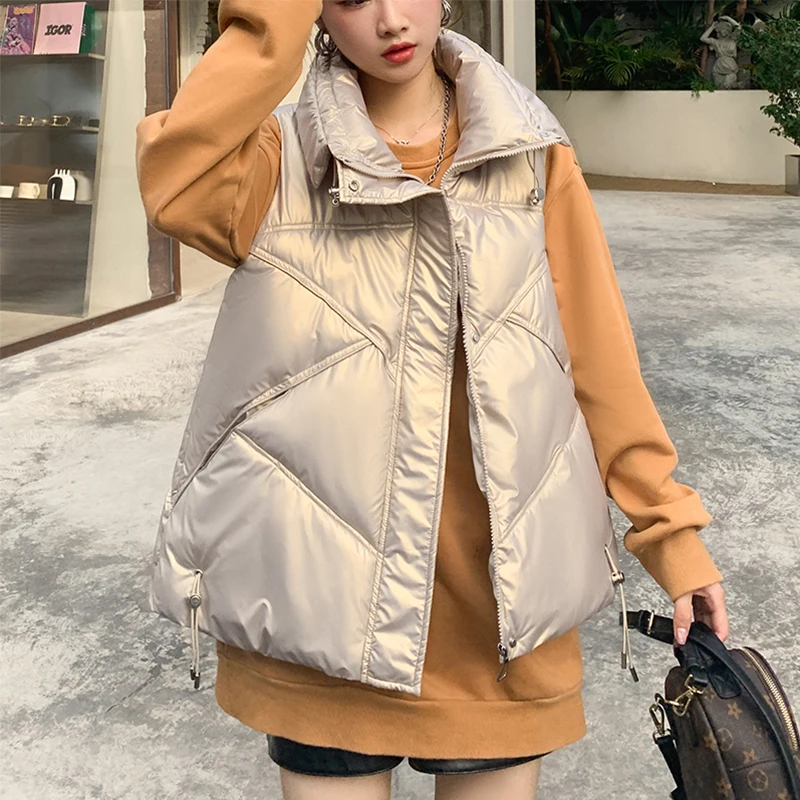 

Shinny Winter Puffer Vest Women Solid Turn Down Collar Zipper Quilted Ladies Sleeveless Jacket Loose Korean Style Waistcoat