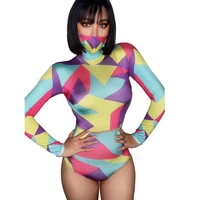 neck mounted bodysuits face mask multicolor graphic printing long sleeve bar dance clothing nightclub dance show wear women